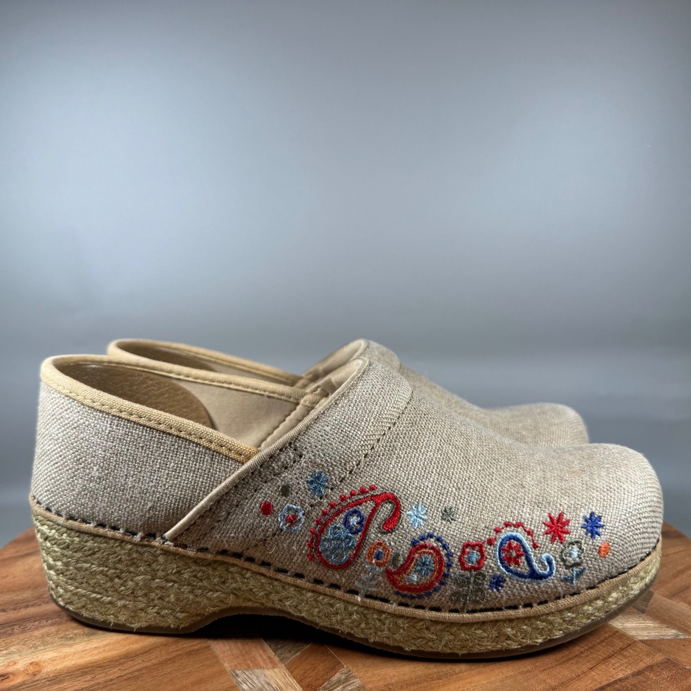 Embroidered Beige Slip-On Clogs - Women